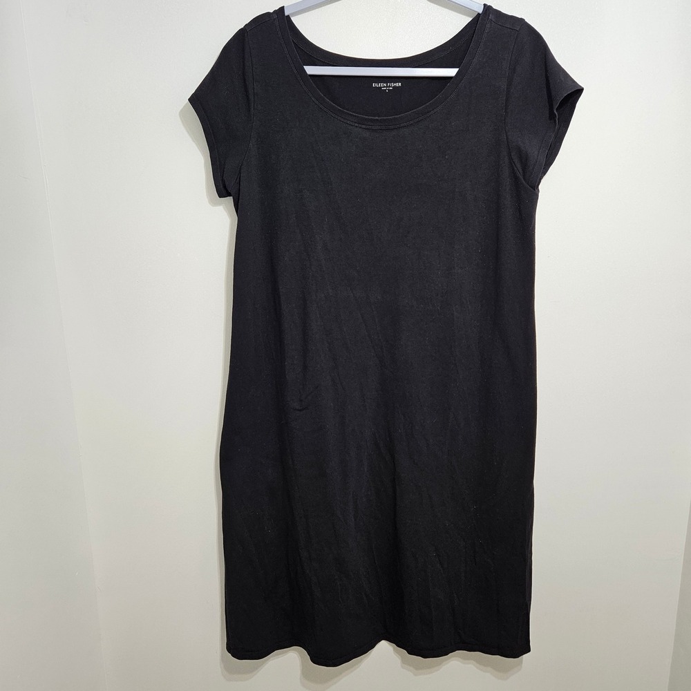 Eileen Fisher Organic Cotton Midi Dress Relaxed Lagenlook Minimalist Black L